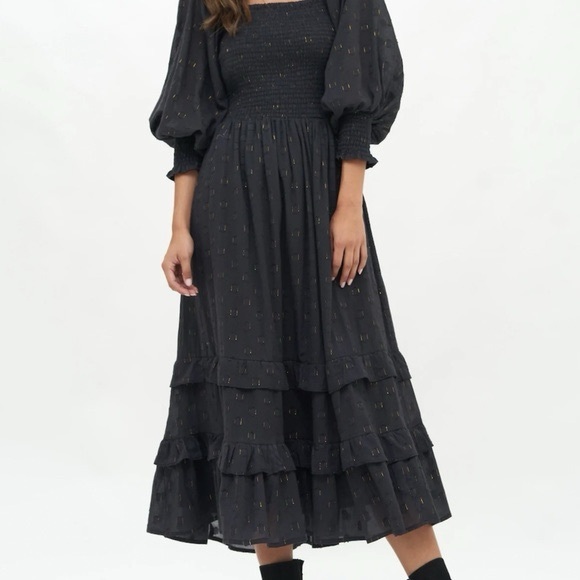 Oliphant Smocked Top Ruffle Midi- Midnight Black/Gold Tiered Dress, Size SMALL - Picture 1 of 17